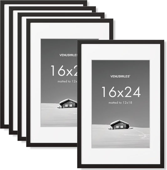 16x24 inch Picture Frame, 16x24 Photo Frames with 12x18 Removable Mat - High Definition Plexiglass - Vertical and Horizontal Display - Wall Hanging Poster Frame - Black, 5 Pack