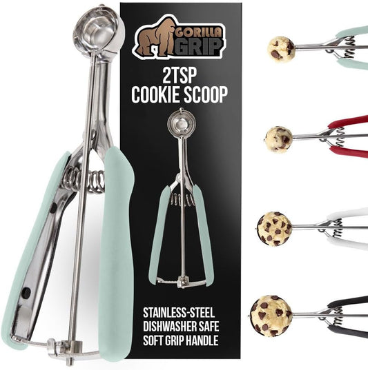 Gorilla Grip Stainless Steel Cookie Scoop for Baking, 2 TSP, Multipurpose Melon Baller, Meatball Spring Scoops, Perfect Portion Sizes, Easy Food Release, Scooper Size 100, BPA-Free Kitchen Tool, Mint