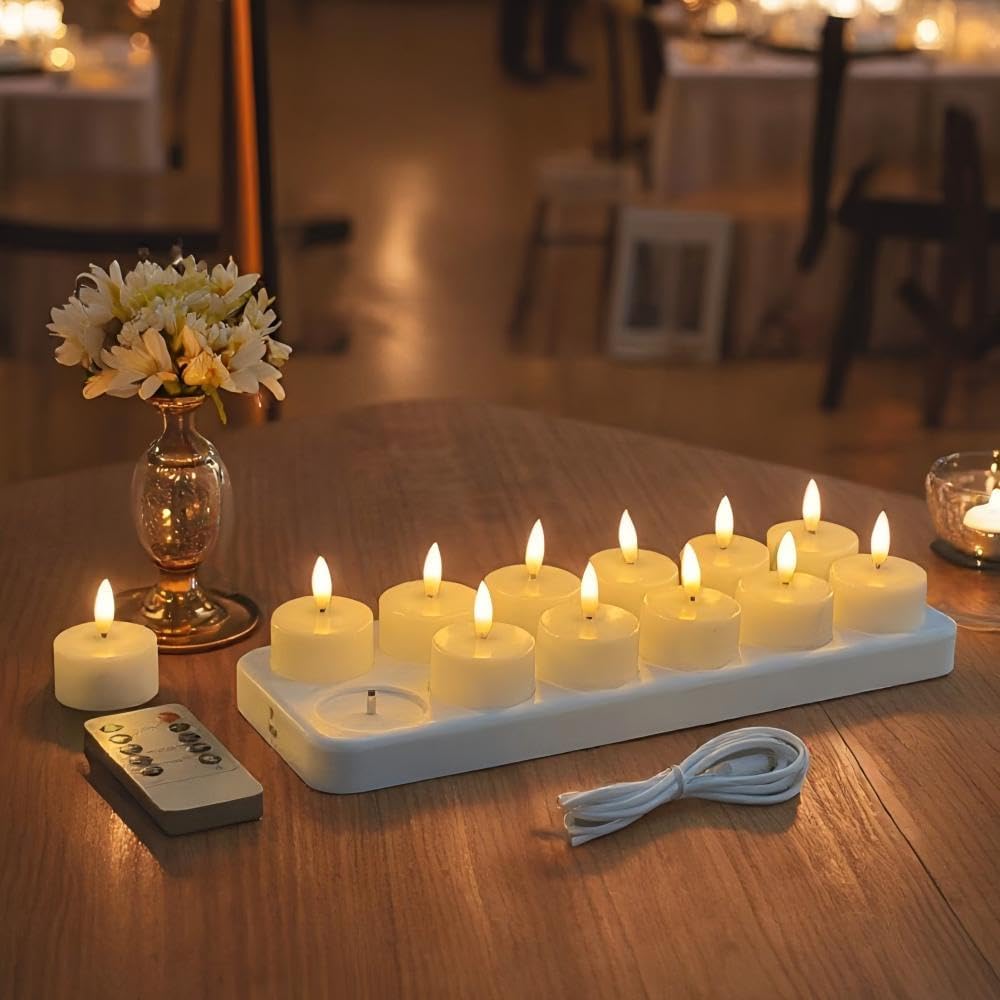 Rechargeable LED Tea Lights, Flickering Flameless Candles with Remote Timer, 12 PCS Electric Battery Operated Candles with Charging Base for Christmas Weddings Decorative (Black Wick)