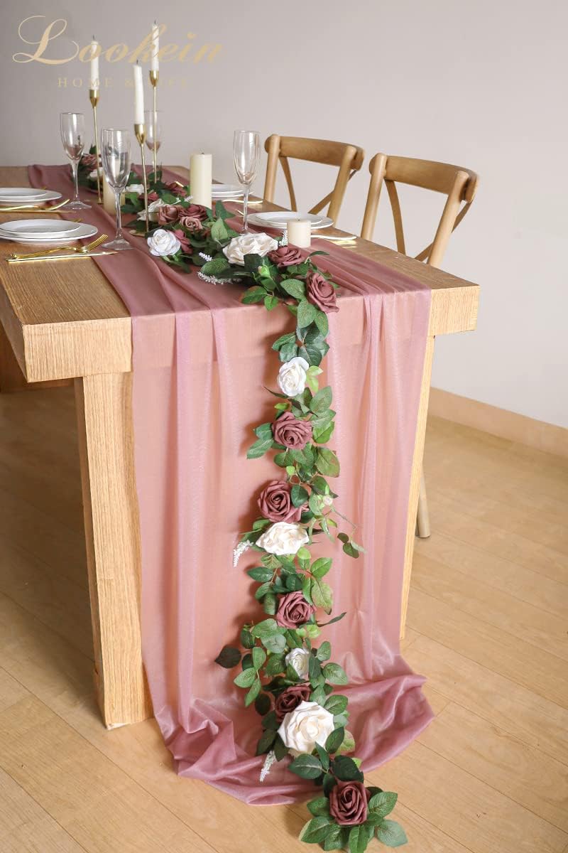 Lookein Artificial Rose Flower Garland Greenery Garland 5FT for Wedding Ceremony Backdrop Arch Flowers Table Centerpieces Decorations, Cream Plum