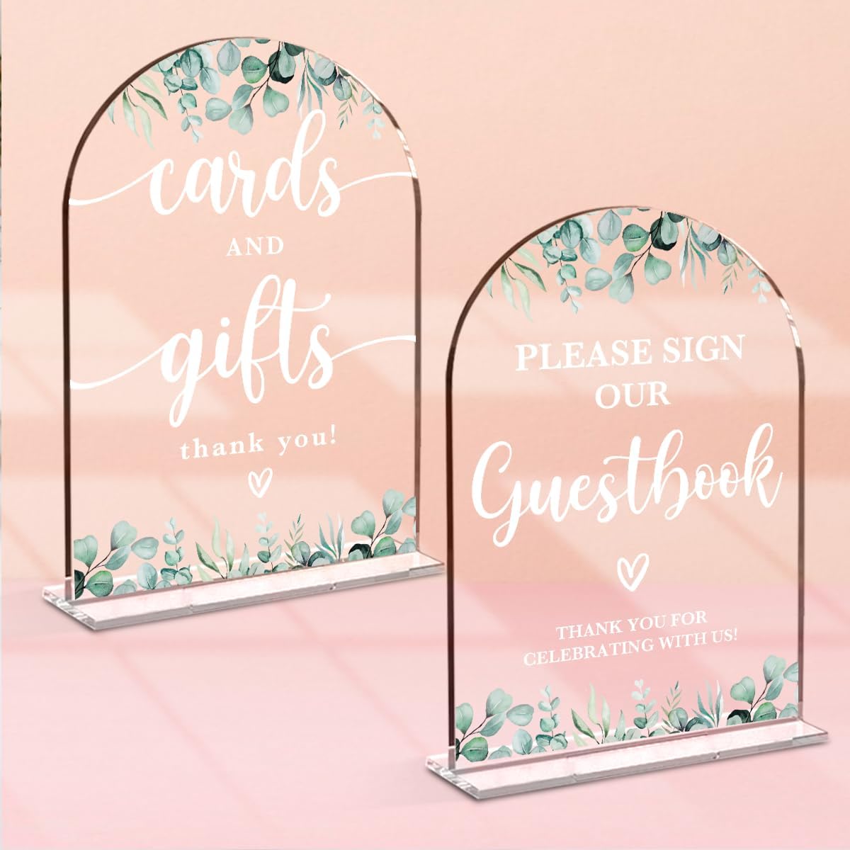 2 Pcs Acrylic Wedding Signs for Reception, Bridal Shower Decorations, Cards and Gifts Signs, Guest Book Sign, Arch Acrylic Table Top Sign with Holder for Wedding Reception (Clear Eucalyptus Leaves)
