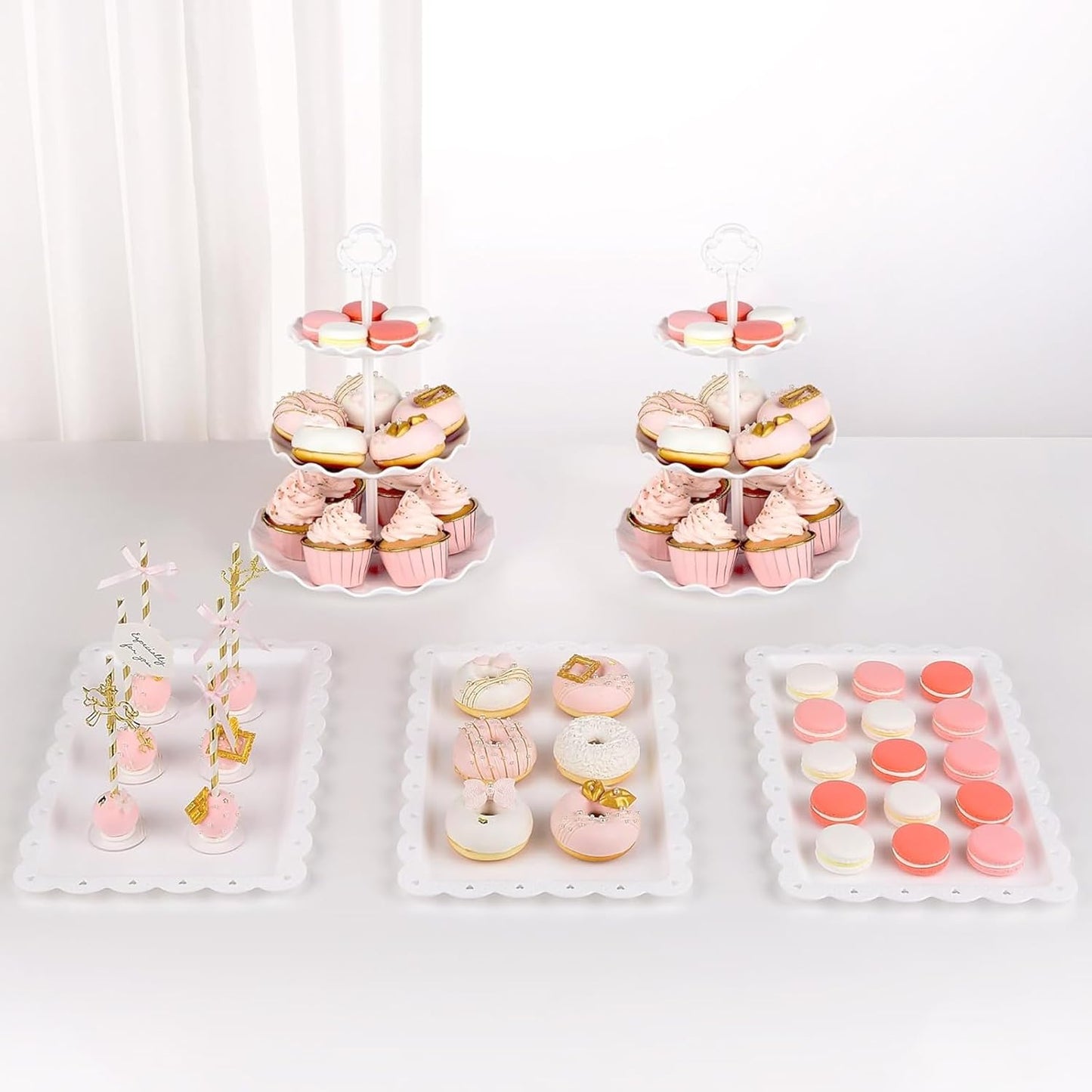 NWK 5 Piece Dessert Table Display Set with 2xLarge 3-Tier Cake Stand/Cupcake Stands, 3X Appetizer Trays Perfect for Wedding Birthday Baby Shower Tea Party