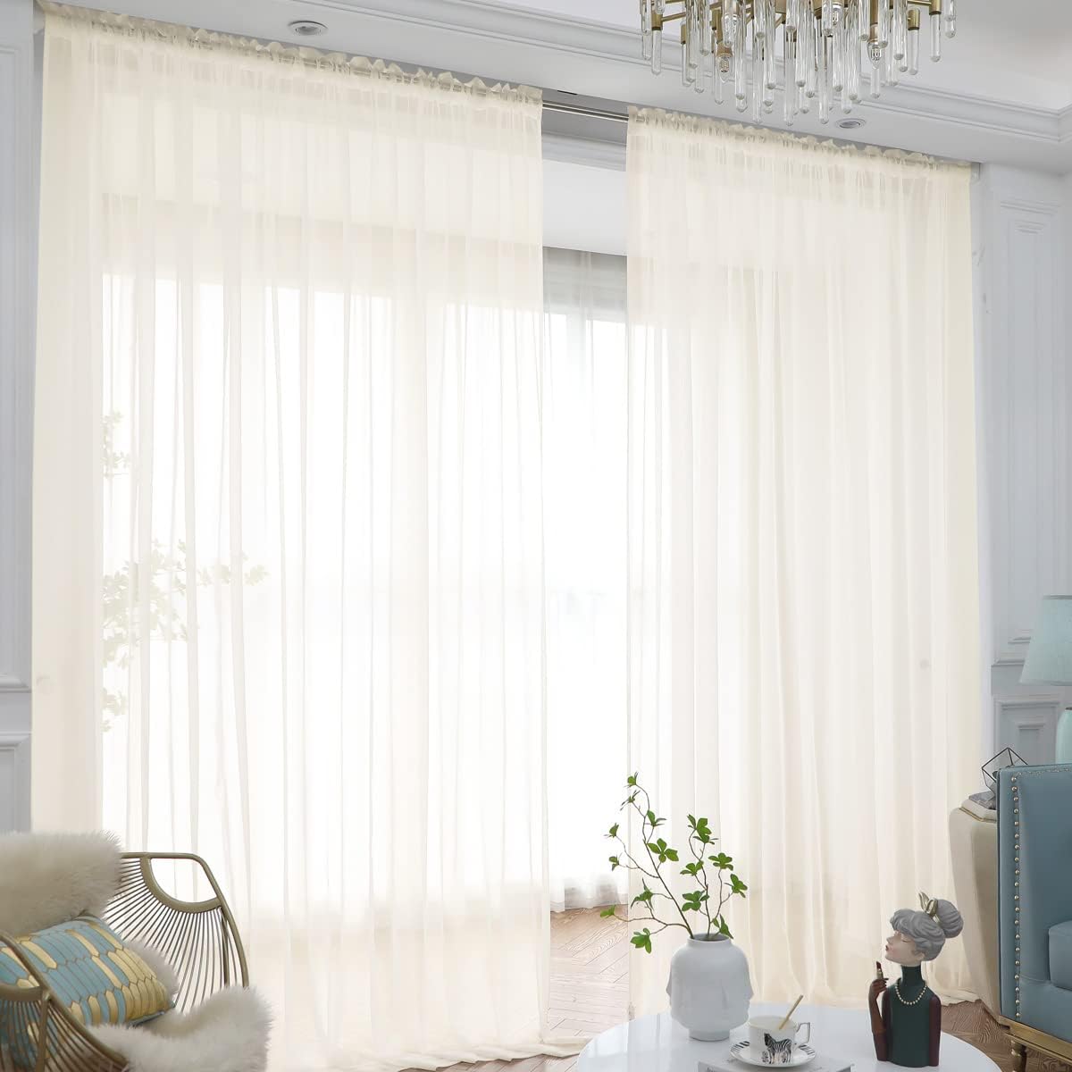 Window Beige Sheer Curtains 95 Inches Long 2 Panels Sheer Curtain Basic Rod Pocket Panel for Bedroom Children Living Room Yard Kitchen (Beige, 52" W x 95" L | 2 pcs)