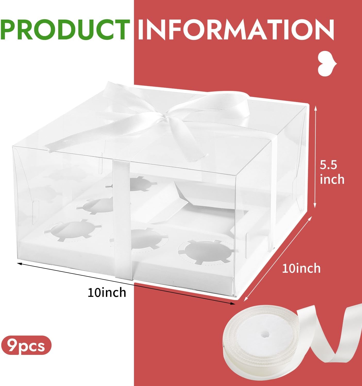 JCD 9 Packs Cake Cupcakes Combo Box 1+5 Cupcake Containers with Gift Ribbon Bento Clear Boxes (5 Cupcakes with a mini Cake) (1+5/9Pcs)