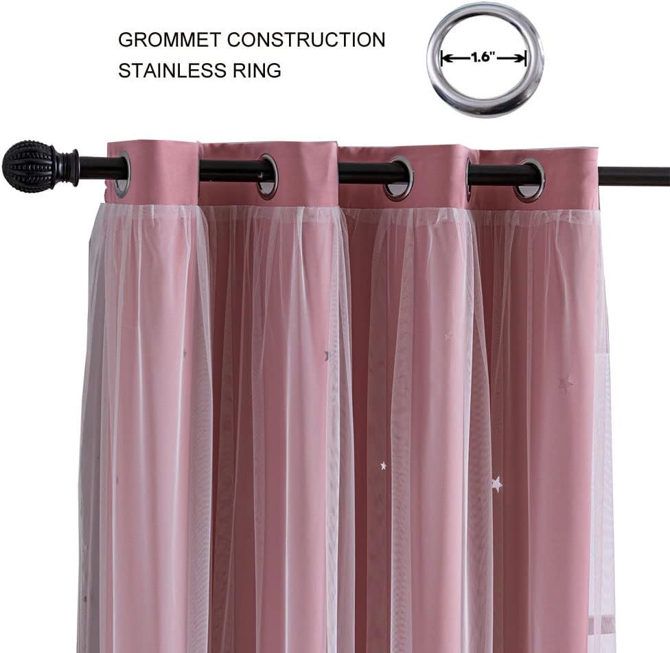 FANLI 2 Panels Star Blackout Curtains for Kid Girls Bedroom Living Room Darking Stripe Double Layer Star Cut Out Wall Home Decor Gradient Grommet Window Curtains (Pink 95L)