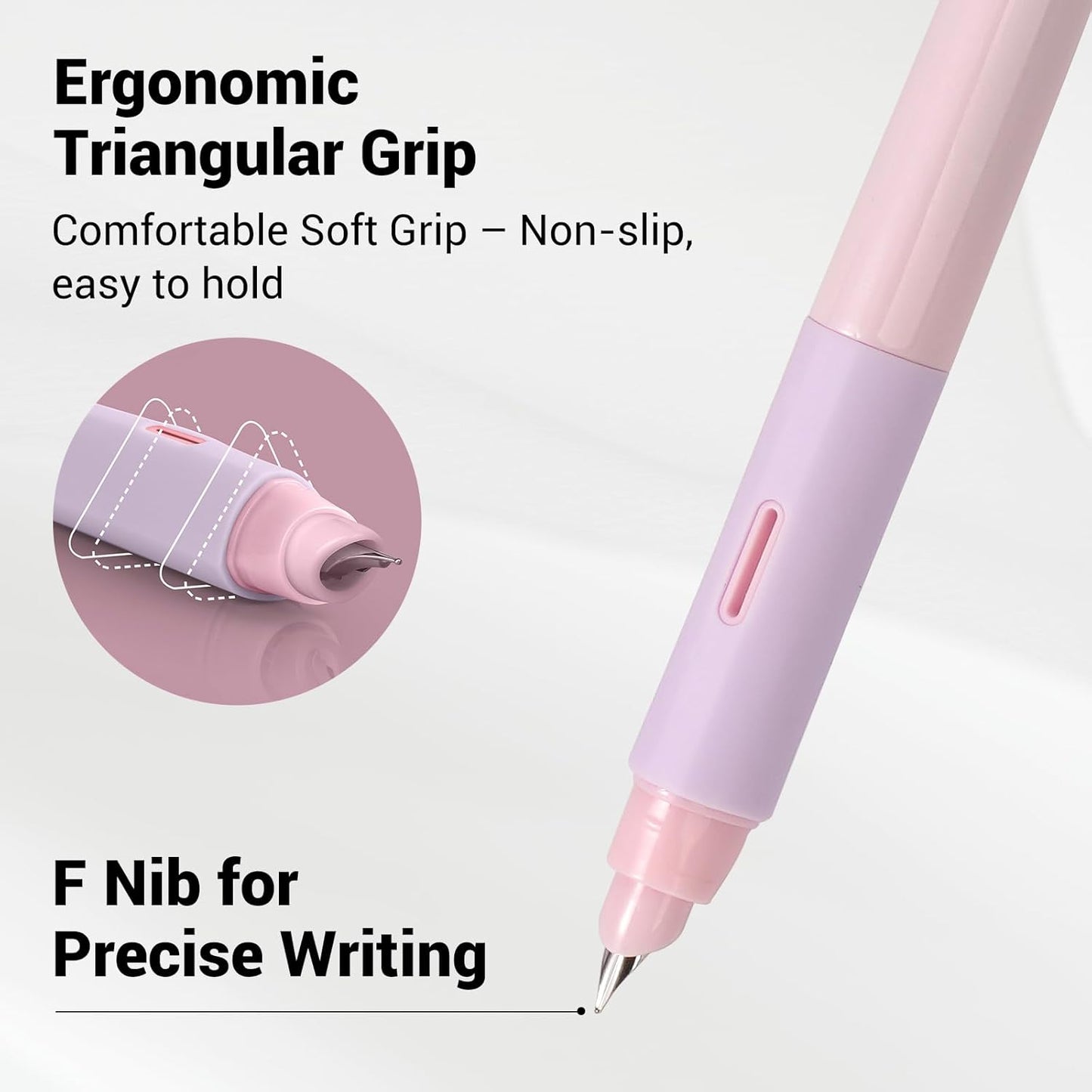 WRITECH Fountain Pen Soft Grip: Fine Nib Black Ink Pen with 3 Ink Cartridges and 1 Replacement Nib Set Smooth Writing for Journaling Calligraphy Gift (Pink)