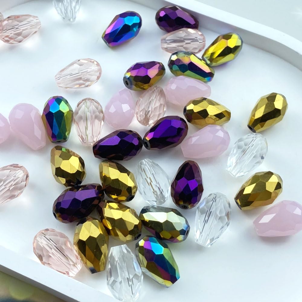 70pcs 8x12mm Teardrop Crystal Glass Beads Vertical Hole Faceted Loose Spacer Beads for DIY Craft Jewelry Making Necklace Bracelet Earring Wind Chimes(Pink Series)