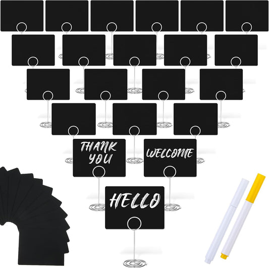 TecUnite 24 Pack Mini Chalkboard Signs, 4"x3" Small Table Place Cards with Metal Stand and 2 Marker Pens Food Labels for Party Buffet, Tabletop Blackboard Signs Name Tags for Wedding Bakery(Sliver)