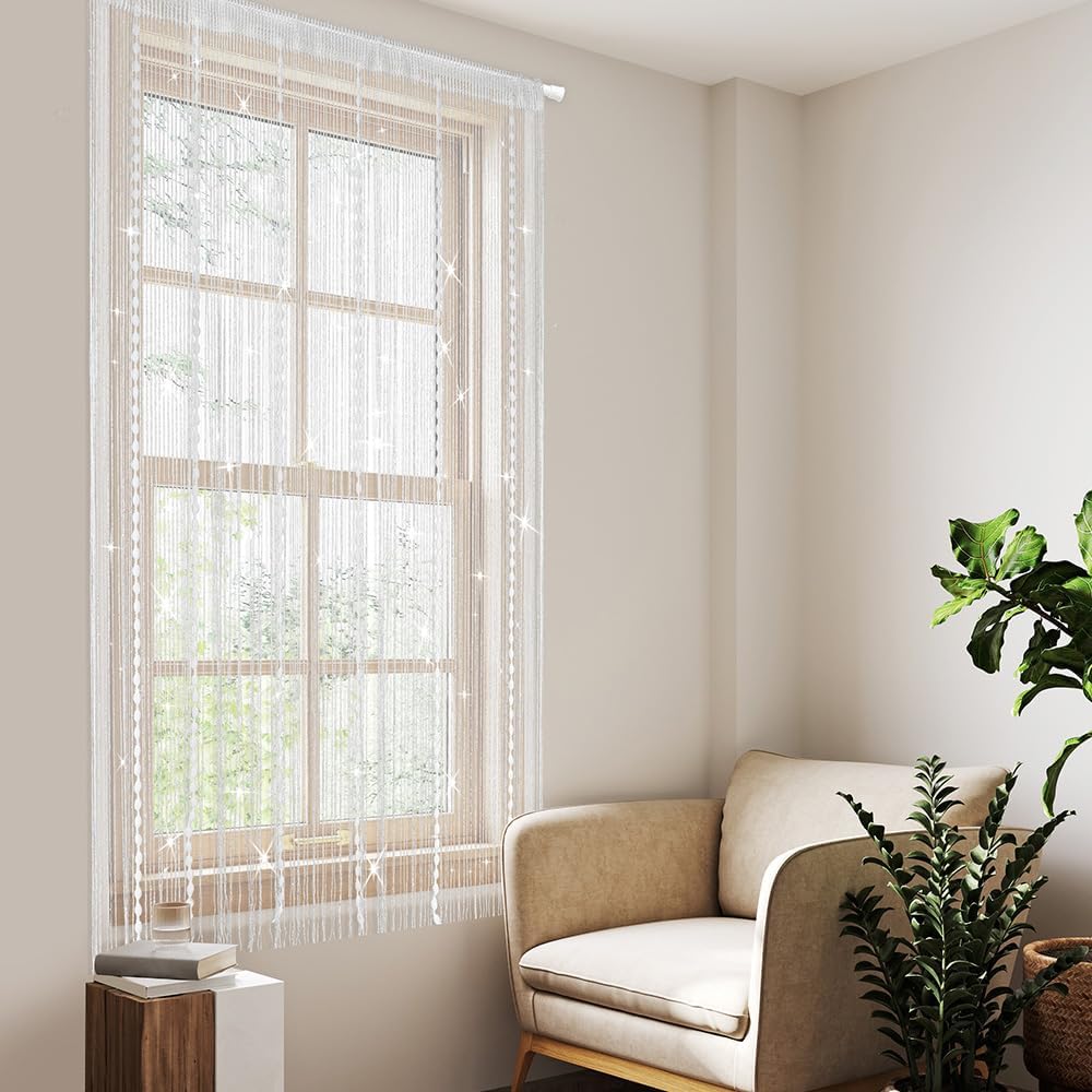 Hysenm Door String Curtains 39x79 Inch White Panel Soft Balls Romantic Glitter Fringe Room Divider Home Décor Wedding Girls Bedroom Window Living Room Backdrop Party Doorways Closet
