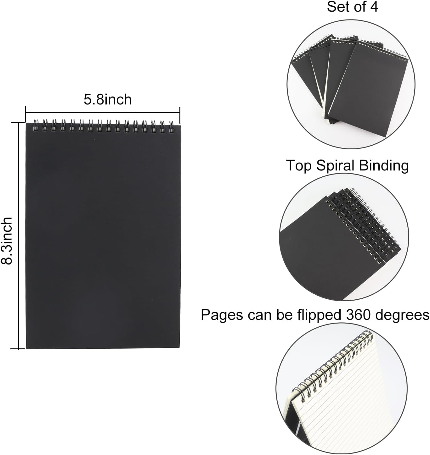 4 Pcs Top Bound Spiral Notebook,8.3 inch x 5.8 inch,60 Sheet,7mm College Ruled Paper,A5 Spiral Note Pads Memo Lined Notebook Journal for School and Office Supplies (Black)