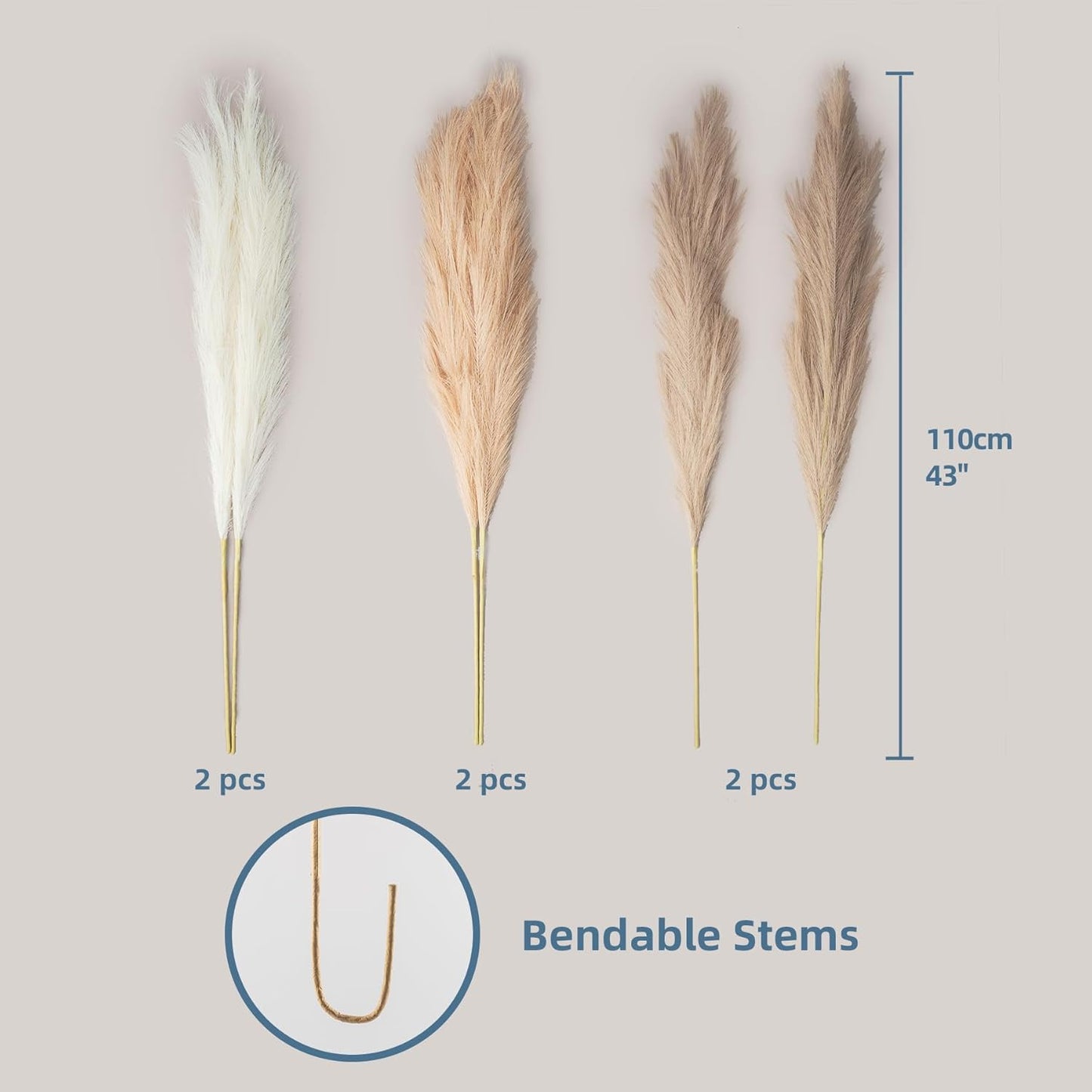 EVODIS Pampas Grass Decor Tall, 43"/110cm Faux Pampas Grass 6 Stems Large Pompass Grass Branches Tall Bulk Boho Flower Arrangement for Home Room Wedding Party Decor