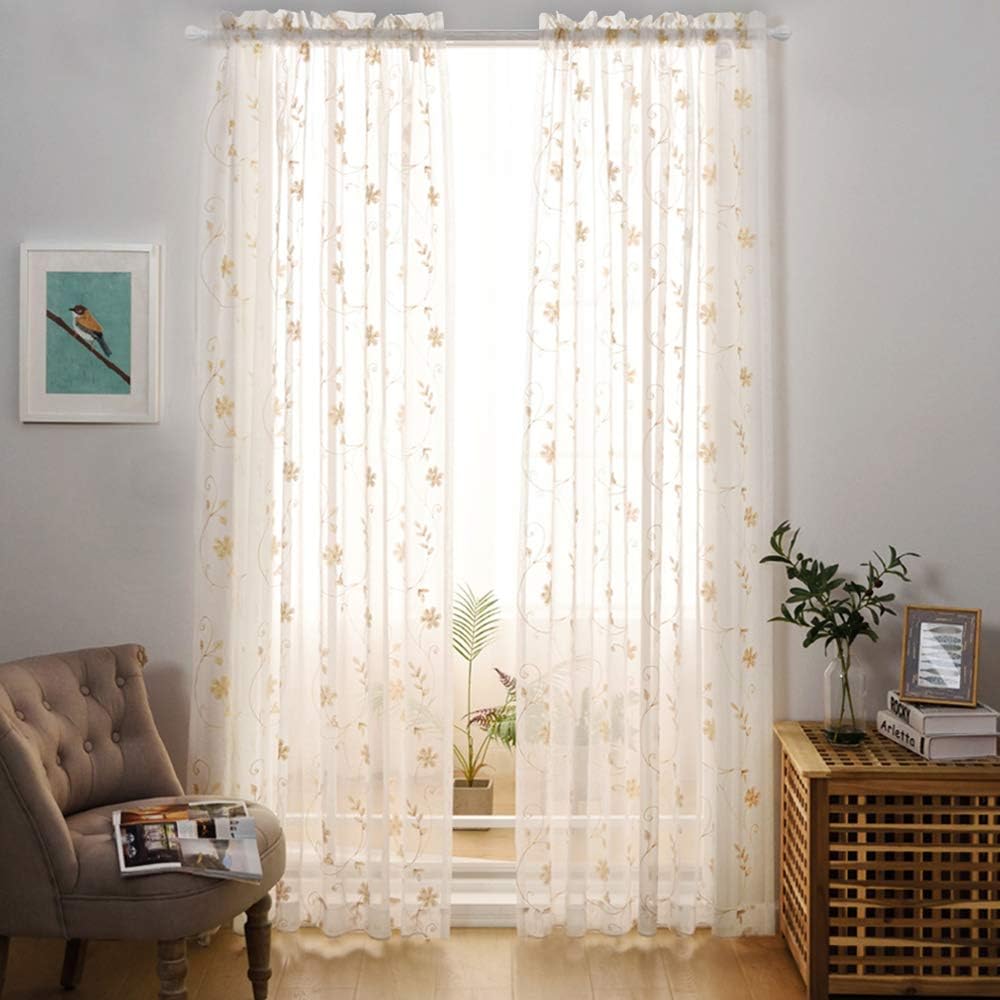 Floral Embroidery Gold Sheer Curtains 84 Inches Long, Rod Pocket Sheer Drapes for Living room, Bedroom, 2 Panels, 52"x84", Semi Crinkle Voile Window Treatments for Yard, Patio, Villa, Parlor.
