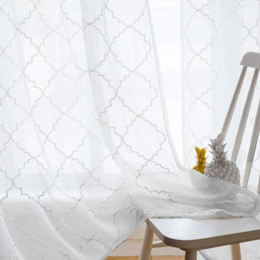 Sheer Curtains White 63 Inches,Embroidered Moroccan Tile Lattice Design Rod Pocket Voile Drapes for Living room, Bedroom, Window Treatment Crinkle Curtain Panels for Villa, Parlor, Set of 2, 52"x 63".