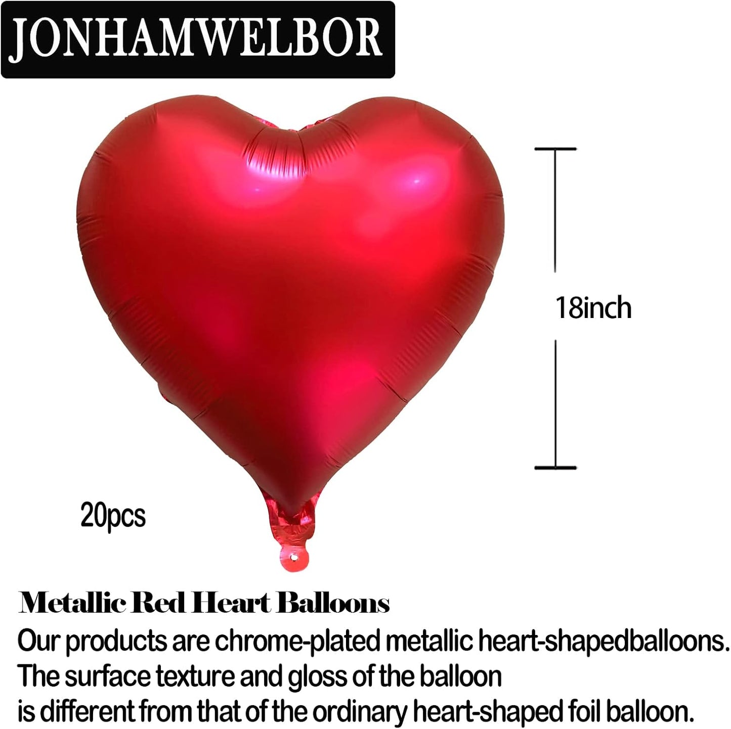 Jonhamwelbor 20Pcs 18 inch Metallic Red Foil Mylar Heart Shape Balloons Decorations Valentines Birthday Wedding Baby Shower Party (Metallic Red)