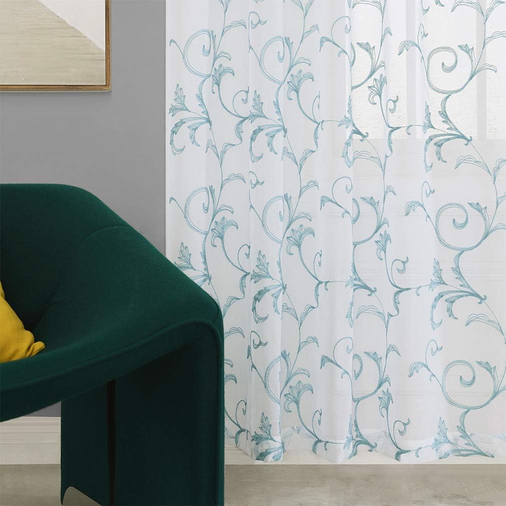 Embroidered Sheer Curtains Blue 95 Inches Vintage Floral, Window Treatments Rod Pocket Drapes for Living room, Bedroom, Semi Crinkle Voile Curtain Panels for Yard, Villa, Parlor, Set of 2, 52"x95".