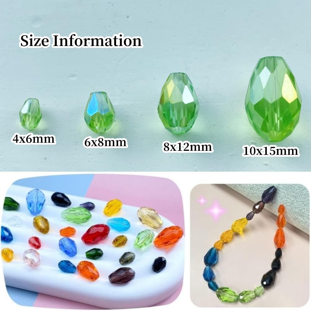100pcs 8x12mm Teardrop Crystal Glass Beads Vertical Hole Faceted Glass Teardrop Spacer Beads for Bracelets Necklace Earring DIY Jewelry Making Craft(Light Green AB)