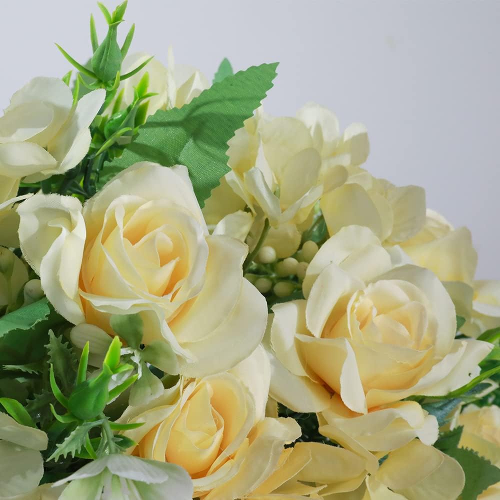 LESING Artificial Rose Silk Hydrangea Flowers Bouquets with Vase Rustic Fake Flowers for Home Decoration Table Centerpiece (Champagne)