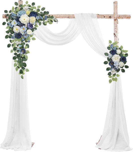 Wedding Arch Flowers Kit,Artificial Flower Arch Decor (Set of 3),2pcs Artificial Flower Arrangement with 1pc Sheer Drape for Wedding Decor Reception Backdrop Floral Decorations (Blue)