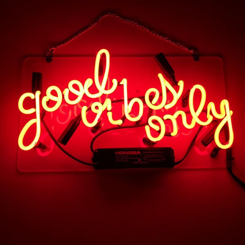 LiQi ™ ' GOOD VIBES ONLY' Real Glass Handmade Neon Wall Signs for Room Decor Home Bedroom Girls Pub Hotel Beach Cocktail Recreational Game Room （14" x 8",RED）