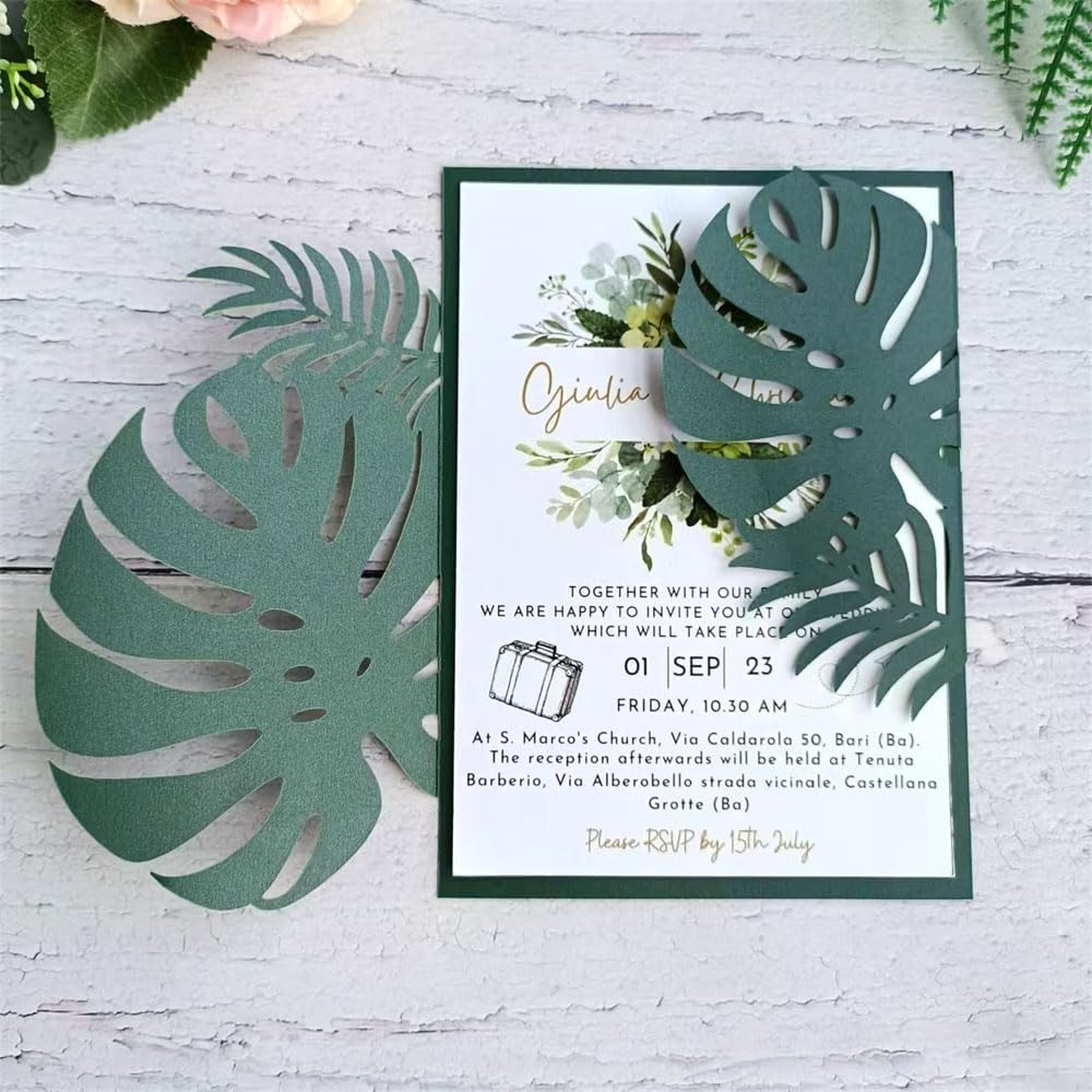 MillaSaw Emerage Green Laser Cut Invitation, Plame Wedding Laser Cut Jacket for 5x7 Card, Tropical Scene Wedding Invitation (emerage green)