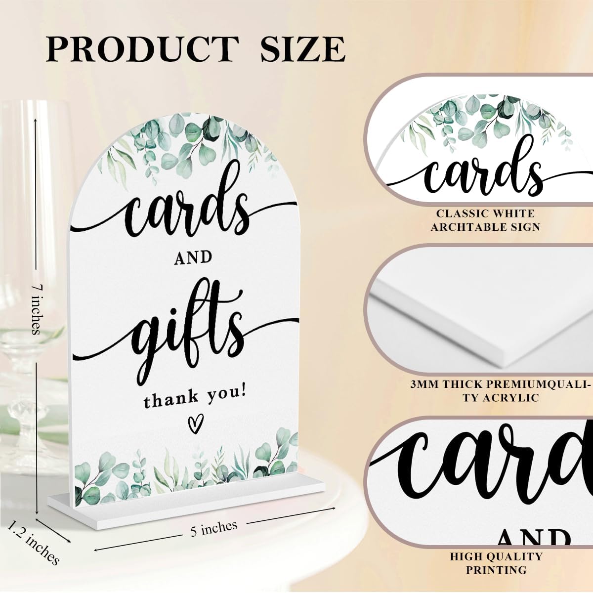 4 Pcs Acrylic Wedding Signs for Reception, Bridal Shower Decorations, Cards and Gifts Signs, Guest Book Sign, Arch Acrylic Table Top Sign with Holder for Wedding Reception (White Eucalyptus Leaves)