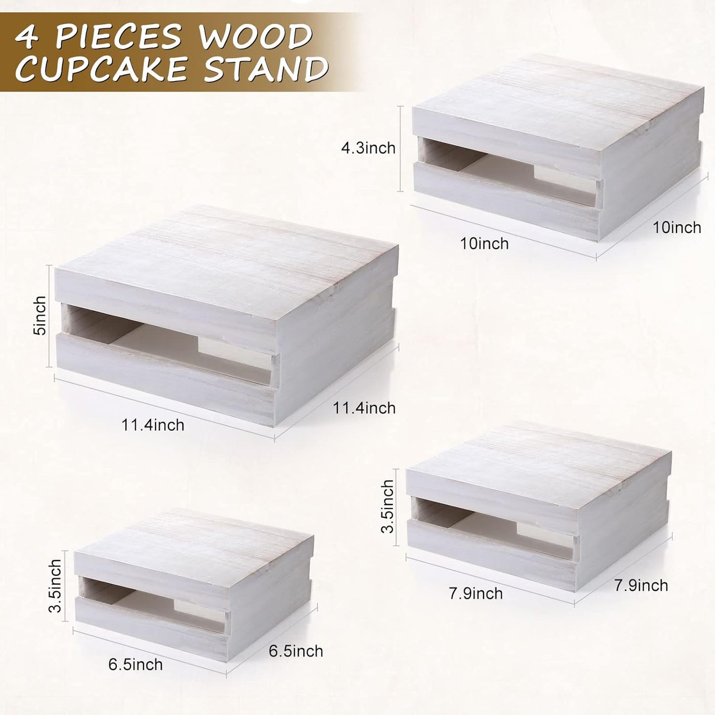 Sieral 4 Pieces Wood Cupcake Display Stand Decorative Dessert Appetizer Cake Stand Risers Wooden Crate Rustic Cake Risers for Storage for Party Christmas Halloween Wedding Decor(Vintage White)