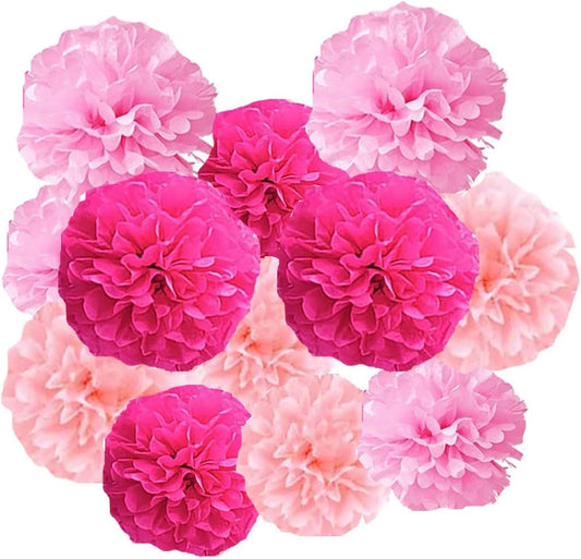12pcs 10in 12in Pink Pack Paper Pom Poms Tissue Paper Party Pink Decor Flower Hanging Paper Flower Balls Wedding Party Flower Decorations DIY Art Craft Blooms for Birthday Baby Shower Nursery Decor