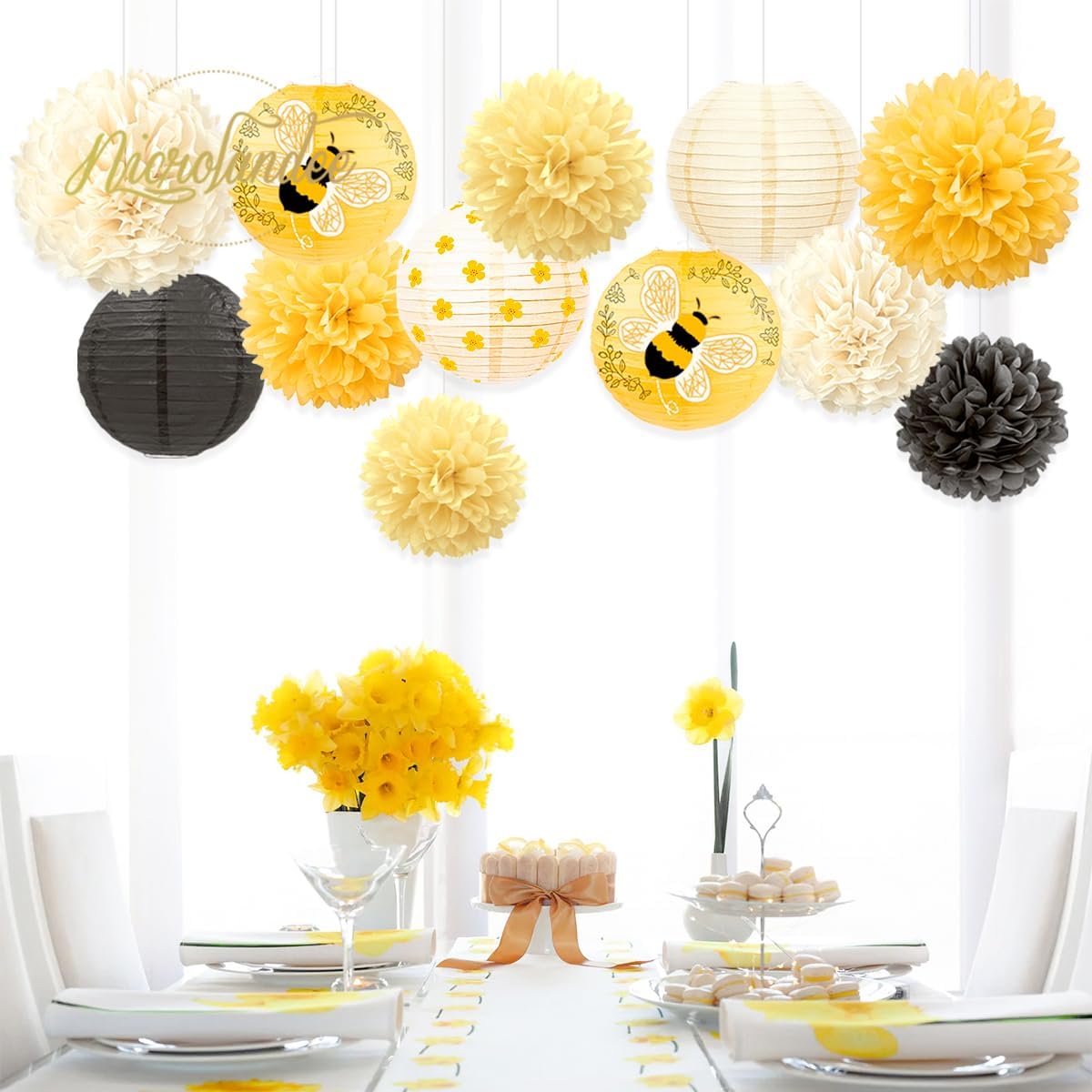NICROLANDEE Bee Party Decorations, 12PCS Yellow Hanging Paper Lanterns Tissue Pom Poms Decor for Bee Day Party, Bee Themed Birthday Decorations, Yellow Flower Bumble Baby Shower