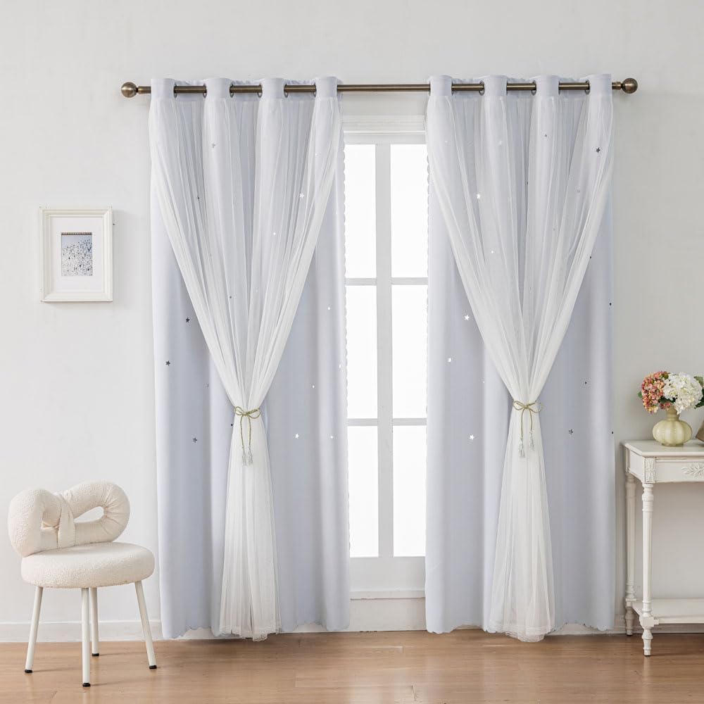 Ombre Rainbow Blackout Curtains for Kid Girls Bedroom Living Room Darking Stripe Double Layer Star Cut Out Wall Home Decor Gradient Grommet Window Curtains (Greywish White 63)