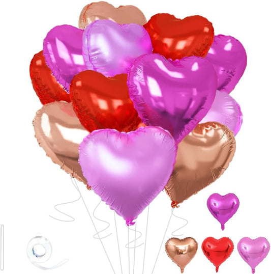 Rose Gold & Red Heart Balloons，18 Inch Purple Foil Love Heart Shaped Balloons for Bridal Wedding Engagement Party Anniversary Birthday Baby Shower Valentines Decorations 12Pcs