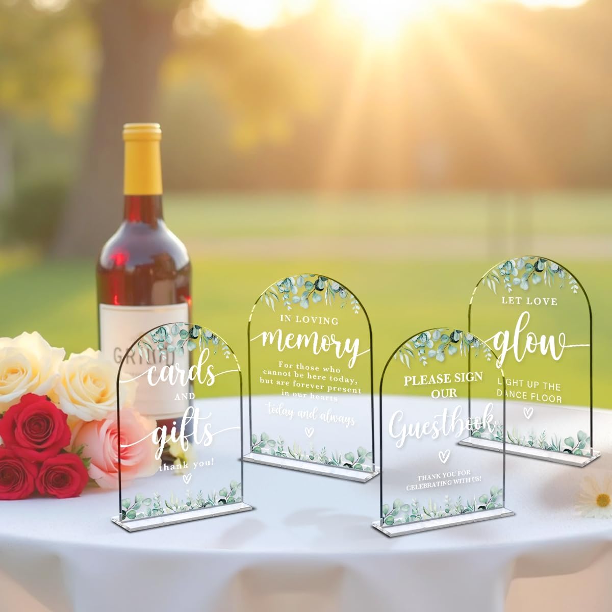 4 Pcs Acrylic Wedding Signs for Reception, Bridal Shower Decorations, Cards and Gifts Signs, Guest Book Sign, Arch Acrylic Table Top Sign with Holder for Wedding Reception (Clear Eucalyptus Leaves)