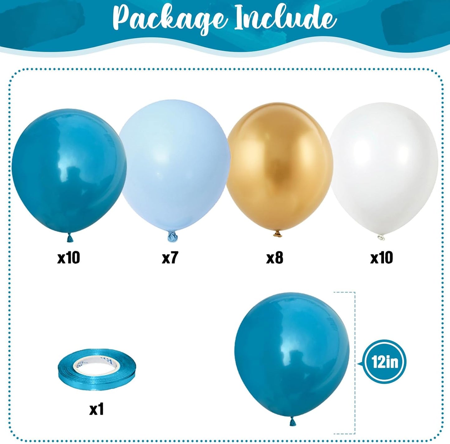Teal Blue Gold Balloons, 12 Inch Retro Turquoise Aqua Blue Pastel Blue Metallic Gold White Latex Balloons, Teal Balloons Set for Boys Christening Birthday Baby Bridal Shower Wedding Party Decorations