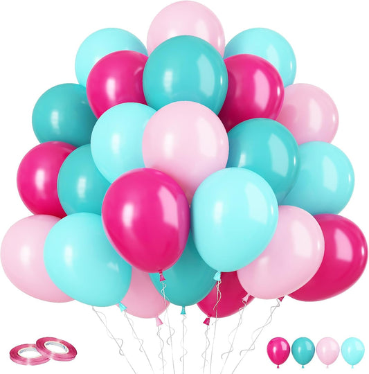 Pink Blue Balloons, 60Pcs Hot Pink Teal Blue Balloons, 12 Inch Hot Pink Confetti Helium Balloon Rose Red Turquoise Latex Balloon for Birthday Wedding Baby Shower Summer Flamingo Party Decorations