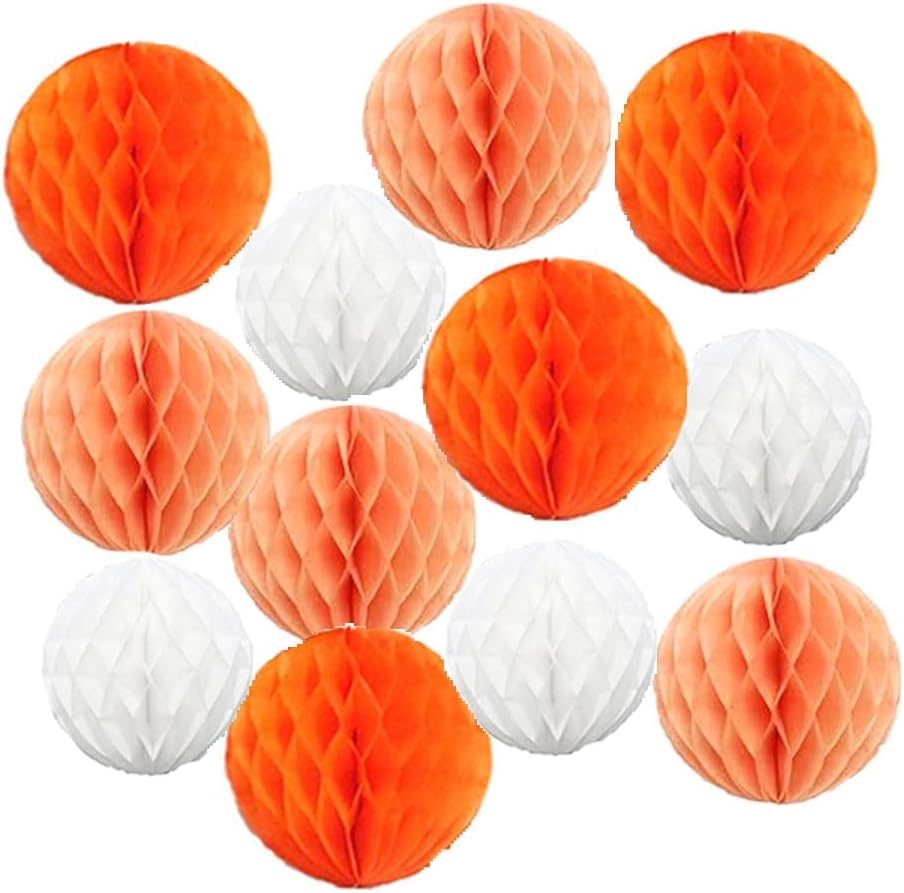 12pcs Party Honeycomb Balls Decorations - 4'' 8'' 10'' Honeycomb Ball Twin Tissue Pom Poms for Baby Shower Birthday Wedding Nursery Decor (Orange Kit)