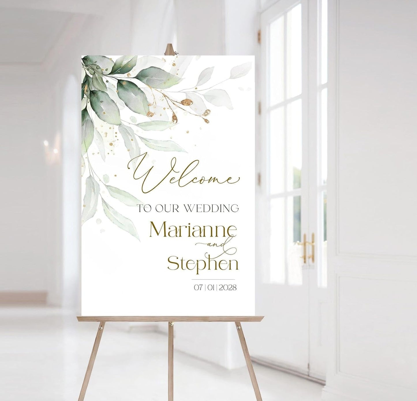 Personalized Wedding Welcome Sign, Greenery Eucalyptus Sage Gold Wedding Sign Signage 12" X 18" (Small), 27" (Medium), 36" (Large), Plastic, Modern, Pole Mount, Weather