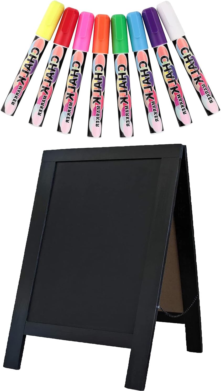 Rustic Whitewash Double Sided Chalkboard with 8Pcs Liquid Chalk Markers, 7.5"*8.6" Tabletop Stand, Small Countertop Chalkboard Easel for Menu, Kitchen, Restaurants, Bar, Wedding and Home Decor (Black)