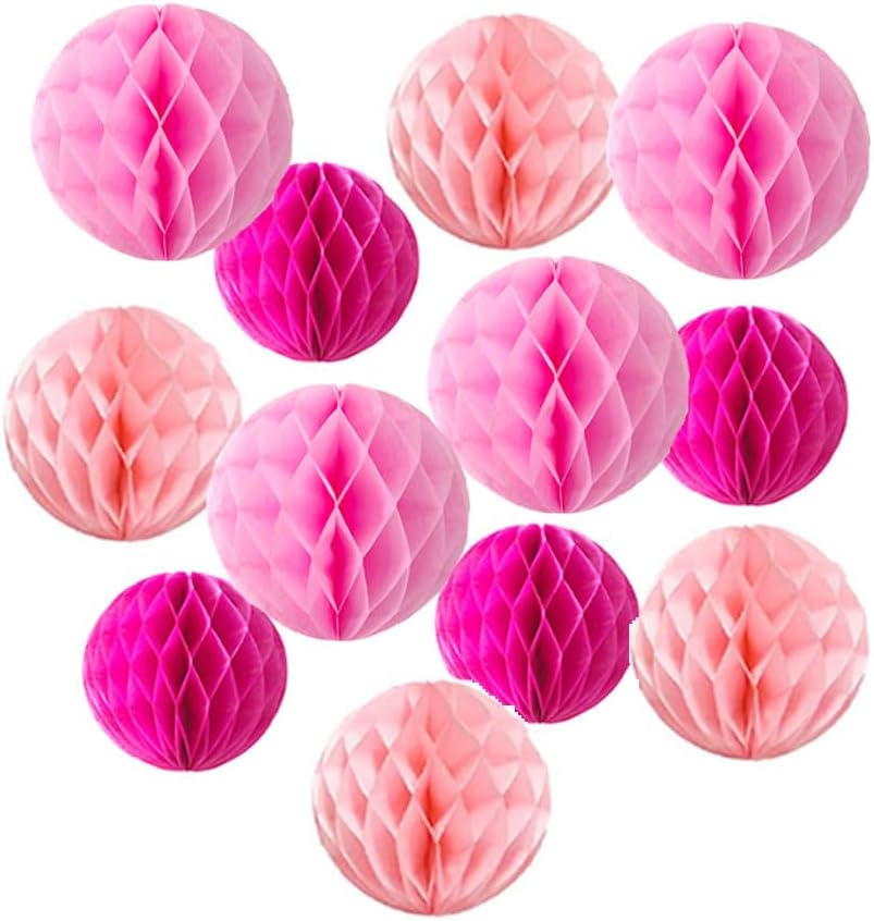 12pcs Party Honeycomb Balls Decorations 3'' 6'' 8'' Honeycomb Flower Tissue Pom Poms Flower Balls Hanging Flower Balls for Baby Shower Birthday Wedding Nursery Decor(3'' 6'' 8'' Pink kit)