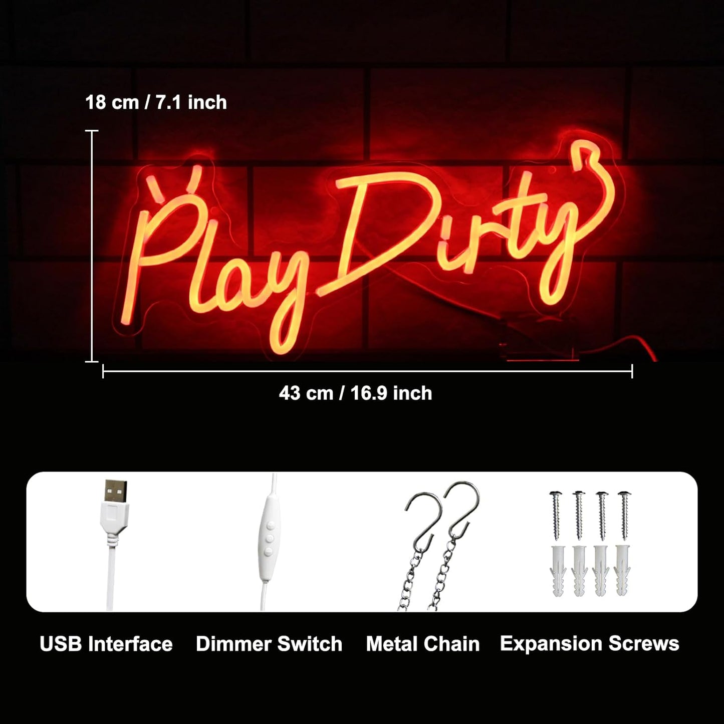 Play Dirty Neon Sign Red Letter LED Neon Lights Signs Devil Neon Signs for Wall Decor Satan Neon Lights for Bedroom Dimmable Red Words Neon Light Up Sign for Bar Man Cave Party Decor