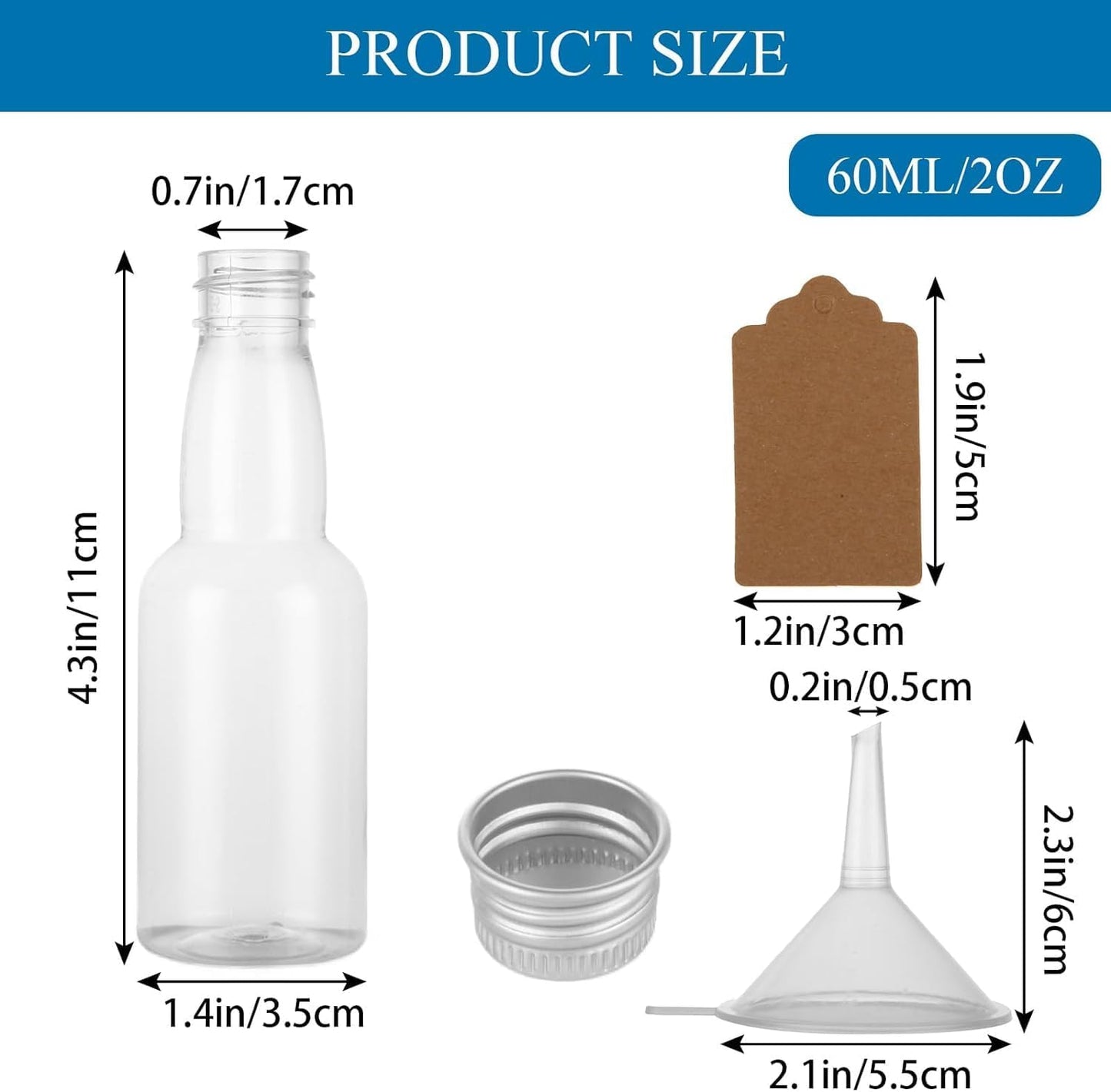 100 Pack 2oz Mini Liquor Bottles Bulk, Plastic Champagne Wine Bottles with Caps, Small Alcohol Shot Bottles with Funnels, Kraft Tags and Rope for Party Favors Wedding (Sliver Caps)