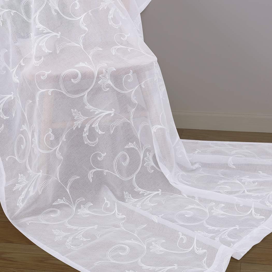 Floral Embroidery Sheer Curtains White 45 Inch Length, Vintage Rod Pocket Voile Drapes for Living room, Bedroom, Window Treatments Semi Crinkle Curtain Panels for Villa, Parlor, Set of 2, 52"x 45".