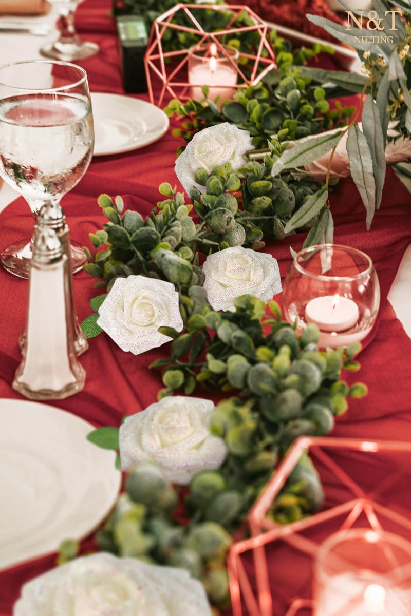 N&T NIETING Artificial Flowers Glowing White Flowers Foam 50pcs Glitter Roses Real Looking Fake Roses with Stem for DIY Wedding Bouquets Centerpieces Bridal Shower Party Home Decorations