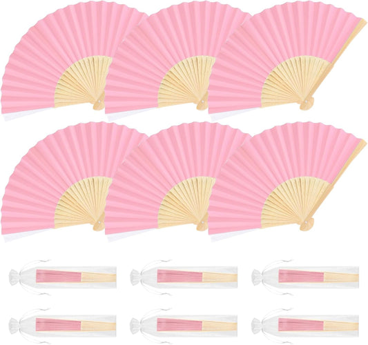 6 Pieces Pink Hand Held Bamboo Folding Fans Foldable Paper Fans Handheld for Women Girls Wedding DIY Decoration Church Home Party Favors Summer