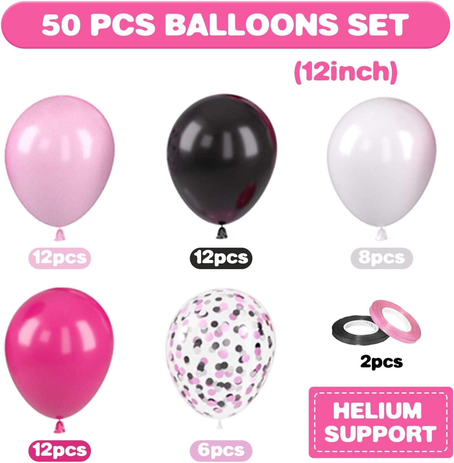 Pink and Black Balloons, 12 Inch Pink Black Balloons, Hot Pink White Pastel Confetti Latex Balloon for Girls Birthday Baby Shower Wedding Bridal Shower Party Decorations