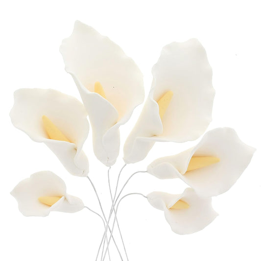 Global Sugar Art Calla Lily Sugar Cake Flowers White with Yellow, Wired,3 sizes, 6 Count by Chef Alan Tetreault
