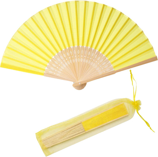 24pcs Imitated Silk Hand Fan Imitated Silk Fabric Bamboo Handheld Folded Fan Bridal Dancing Props Church Wedding Party Favors with Organza Bags (Yellow)