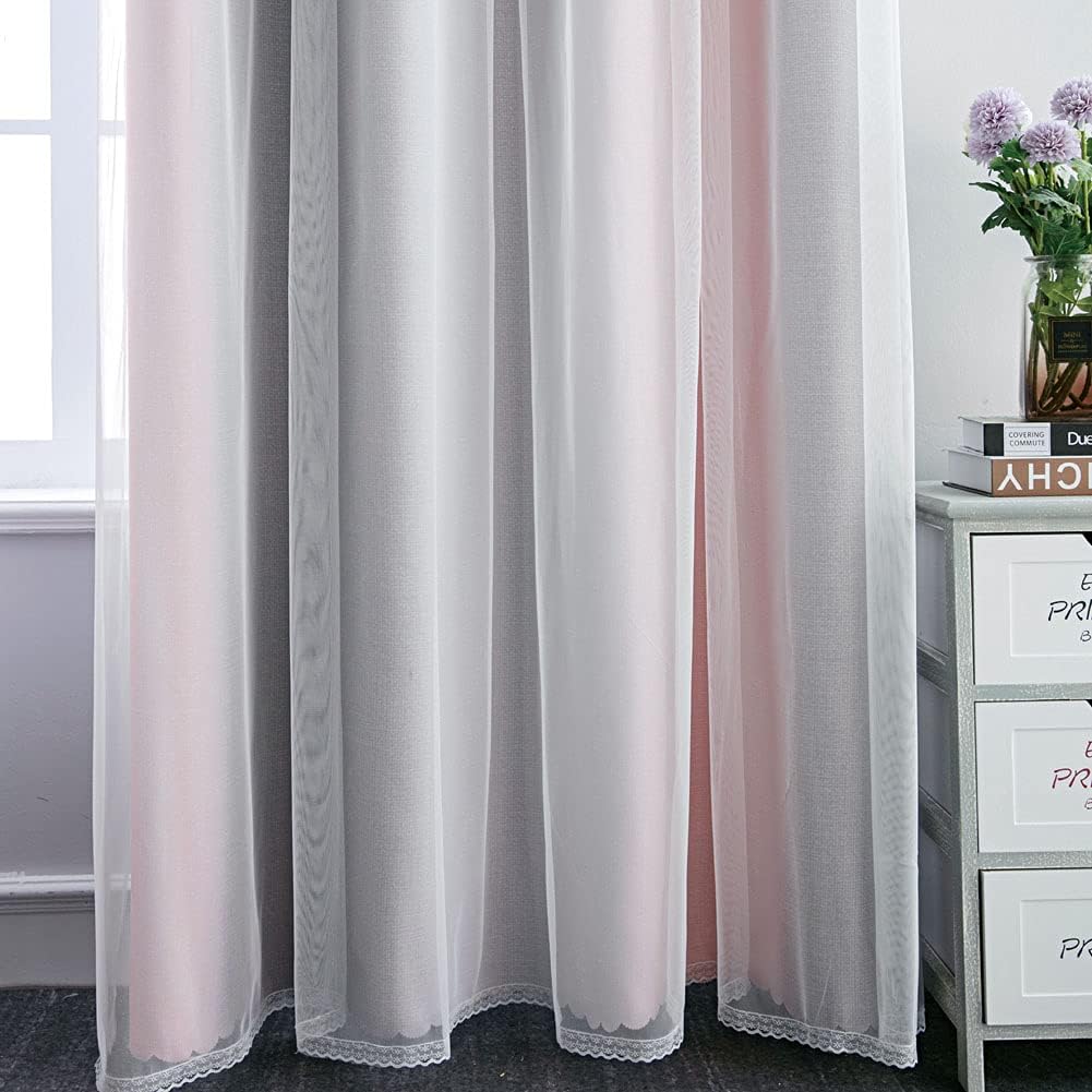 FANLI Ombre Rainbow Blackout Curtains for Kid Girls Bedroom Living Room Darking Stripe Double Layer Star Cut Out Wall Home Decor Gradient Grommet Window Curtains (Pink/Grey, 52W x 72L)