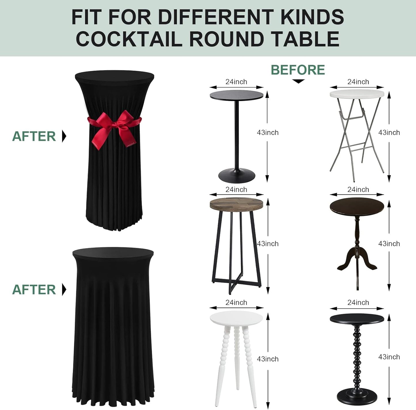 Cocktail Table Covers - 2 Pack 24"x 43" Black Cocktail Table Tablecloth with Natural Wavy Round Skirt for Bar Wedding Party Banquet