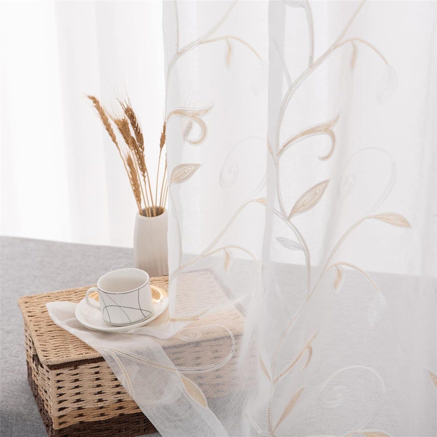 VISIONTEX White Sheer Voile Curtains, Decorative Beige Leaves Embroidery Faux Linen Rod Pocket Window Drapes for Home Kitchen, Living Room and Bedroom 54 x 108 Inch, Set of 2 Curtain Panels