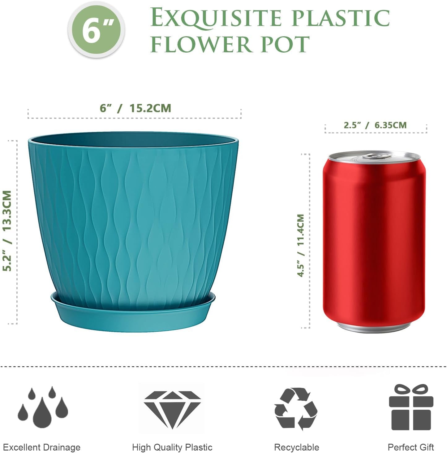 6 inch Plant Pots, 5 Pack Flower Pots with Drainage Holes and Saucers for Indoor Plants, Plastic Planters with Water Ripple for Small Garden House Plants, Nursery Pots for Succulent, Blue Green