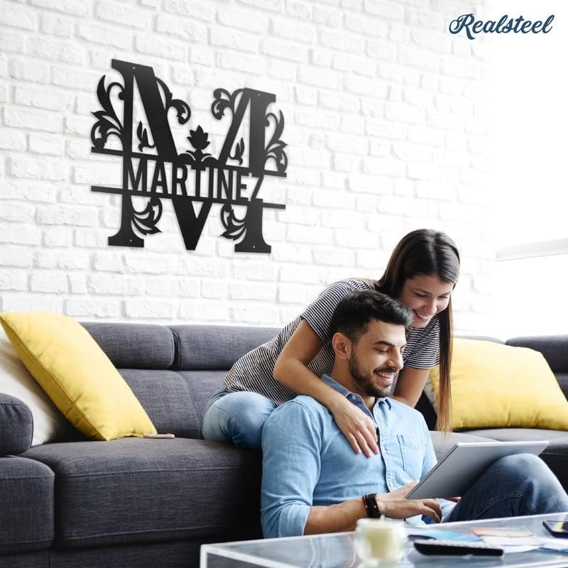 RealSteel Personalized Metal Monogram Sign - Family Last Name - Welcome - Indoor/Outdoor (12" Black)